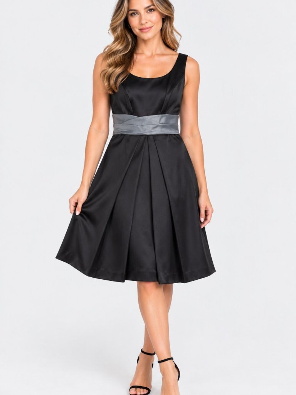 Max & Cleo Women's 8 Black Gray Satin Fit & Flare A-Line Cocktail Dress Elegant